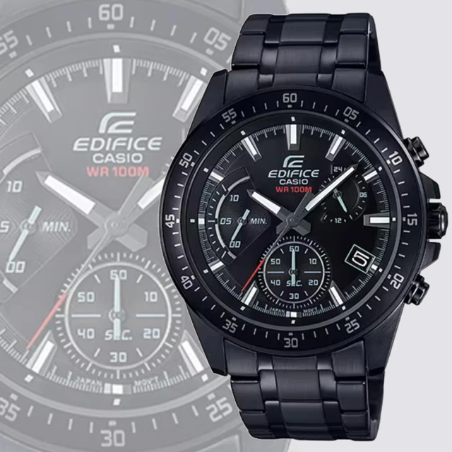 CASIO 卡西歐 EDIFICE 全黑錶圈錶盤 標準中尺寸三眼碼錶功能計時腕錶(EFV-540DC-1AV 防水100米)