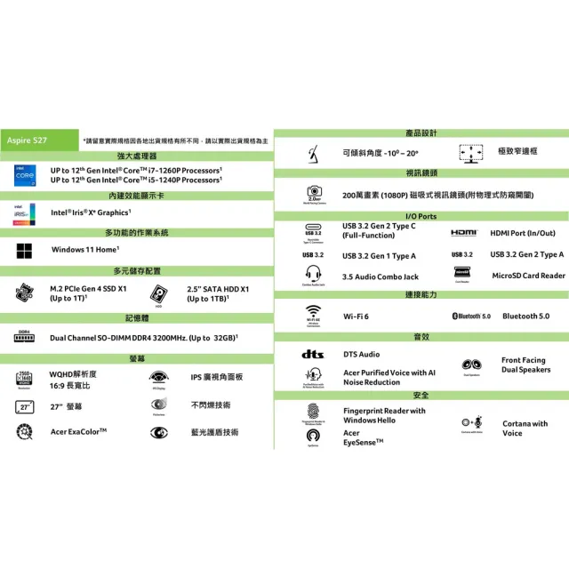 【Acer 宏碁】27型i5 AIO液晶電腦(S27-1755/i5-1240P/16G/1TB SSD/W11)