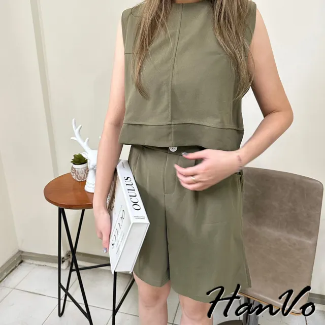 【HanVo】現貨 無袖高腰短褲寬鬆兩件式套裝(親膚柔軟休閒圓領舒適套裝 韓系日常百搭 女生衣著 A08-5983)
