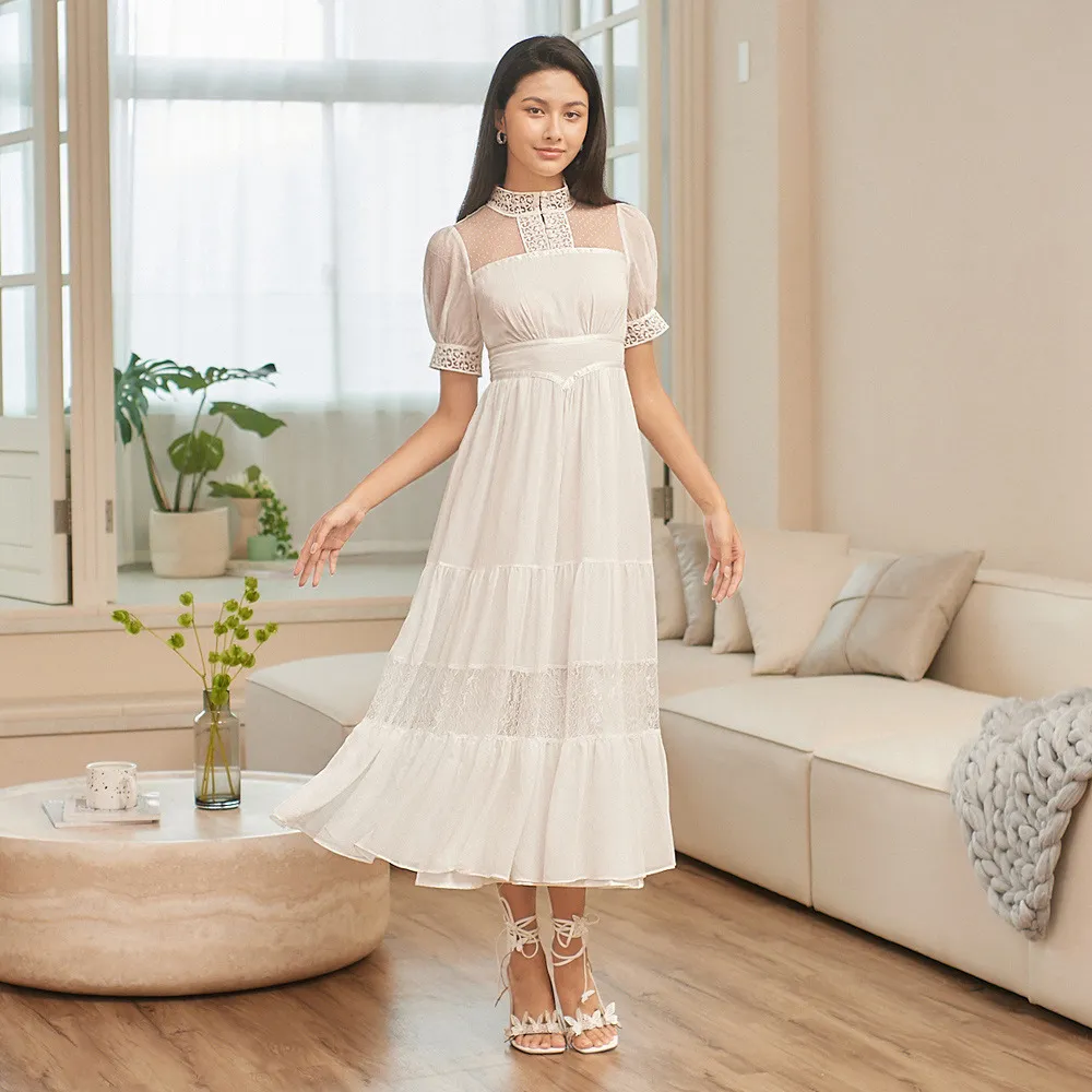 【OMUSES】刺繡蕾絲雪紡白色長洋裝60-7217(S-2L)