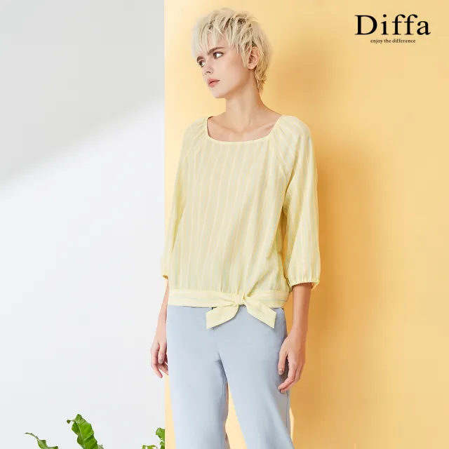 【Diffa】黃白條方領拉克蘭袖上衣-女