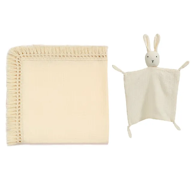 【Kori Deer 可莉鹿】彌月禮盒組-純色流蘇嬰兒萬用包巾+安撫巾(彌月禮滿月冷氣毯透氣寶寶被四季毯寶寶玩具)
