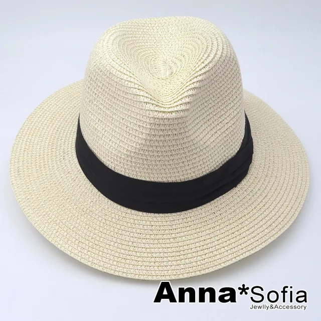 【AnnaSofia】買一送一久等禮 遮陽帽防曬帽網美渡假草帽海灘帽紳士帽爵士帽-黑層摺帶 現貨(杏系)
