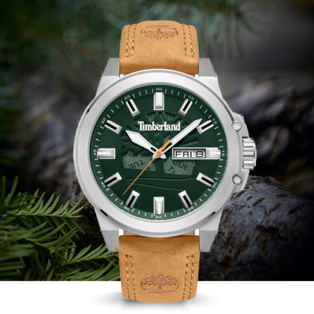 Timberland 天柏嵐 CANFIELD系列 DAY-DATE多功能腕錶 皮帶-綠/棕色46mm(TDWGB0040802)