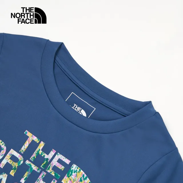 【The North Face 官方旗艦】北面兒童藍色吸濕排汗防曬炫彩LOGO短袖T恤｜88H6HDC