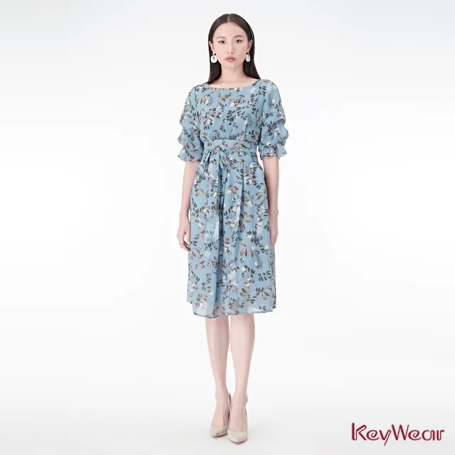 【KeyWear 奇威名品】雪紡印花造型袖五分袖洋裝