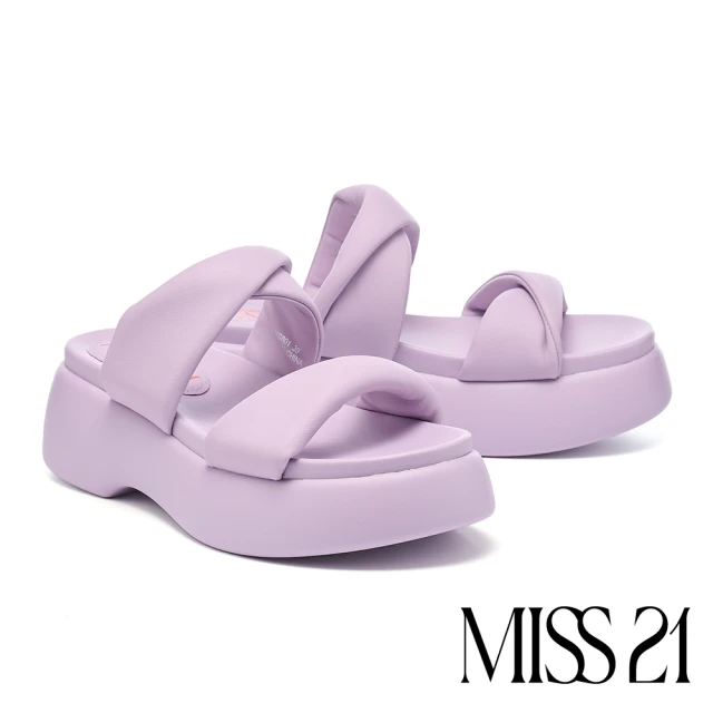 MISS 21 可愛舒適澎感扭結雙寬帶羊皮大頭厚底拖鞋(紫)