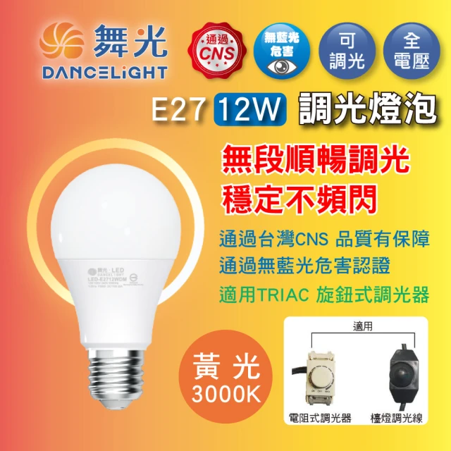 DanceLight 舞光 5入組 12W LED無段調光燈泡 E27 全電壓 調亮度 檯燈(黃光 3000K 適用TRIAC旋鈕式調光)