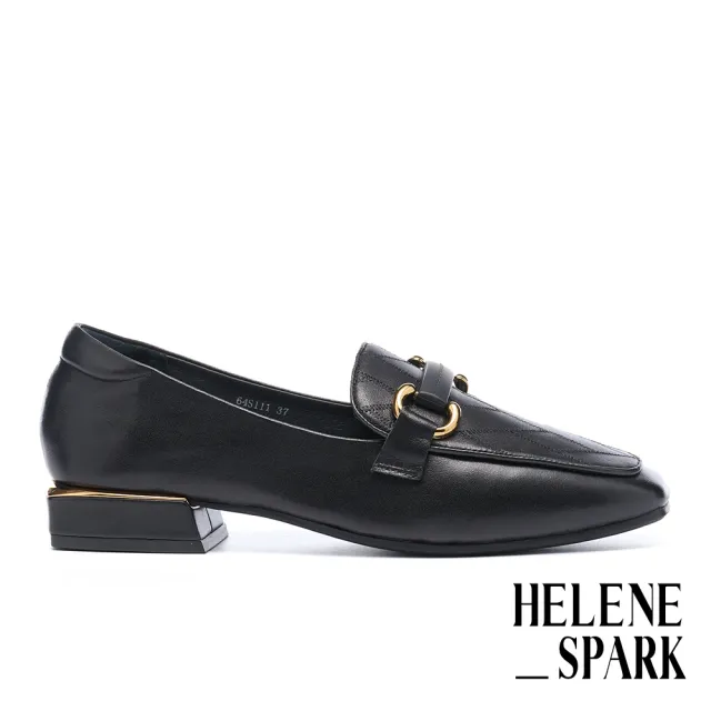 【HELENE_SPARK】時尚品味一字釦全真皮樂福方頭低跟鞋(黑)