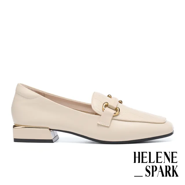 【HELENE_SPARK】時尚品味一字釦全真皮樂福方頭低跟鞋(米)