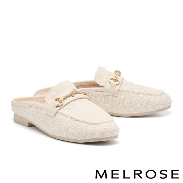 【MELROSE】美樂斯 高雅品味晶鑽一字釦毛呢布穆勒低跟拖鞋(米白)