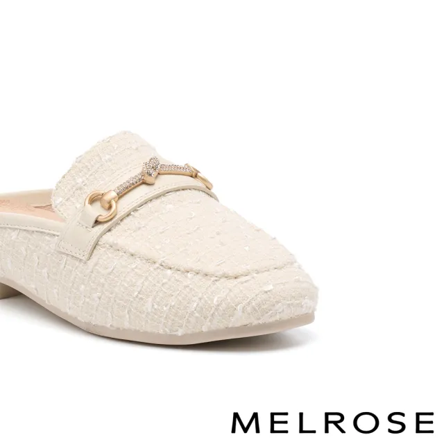 【MELROSE】美樂斯 高雅品味晶鑽一字釦毛呢布穆勒低跟拖鞋(米白)