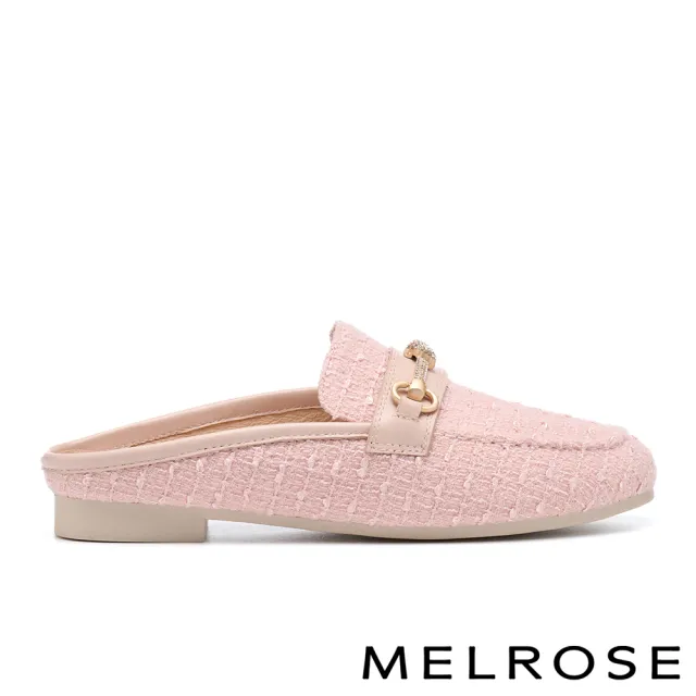 【MELROSE】美樂斯 高雅品味晶鑽一字釦毛呢布穆勒低跟拖鞋(粉)