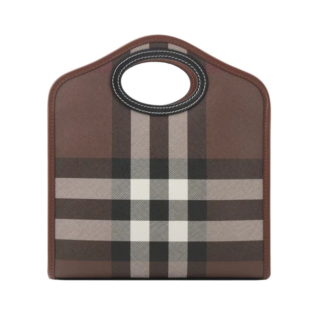 【BURBERRY 巴寶莉】格紋拼皮革手提/斜背口袋包_MINI(暗樺木棕色)