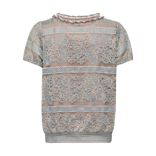 【ILEY 伊蕾】撞色荷葉蕾絲網紗上衣(粉色；M-XL；1242011846)