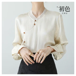 【初色】中國風修身寬鬆半立領單排釦燈籠袖長袖襯衫上衣女上衣-杏色-33006(M-2XL可選)