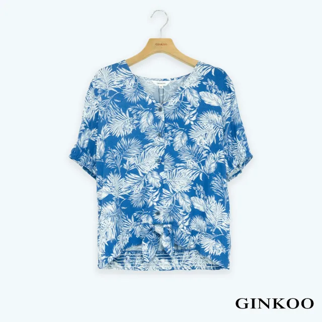 【GINKOO 俊克】V領綁帶印花上衣