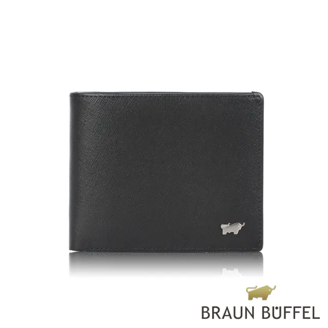 【BRAUN BUFFEL 德國小金牛】台灣總代理 亞當 8卡中間翻零錢袋短夾-黑色(BF504-318-BK)