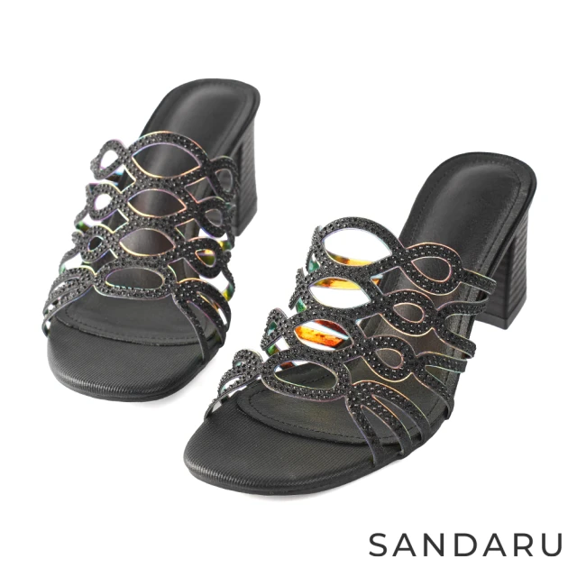 SANDARU 山打努SANDARU 山打努 拖鞋 曲線水鑽粗跟高跟涼鞋(黑)