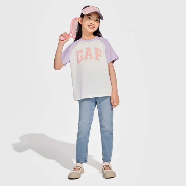 【GAP】女童裝 Logo鬆緊直筒牛仔褲-淺藍色(890286)