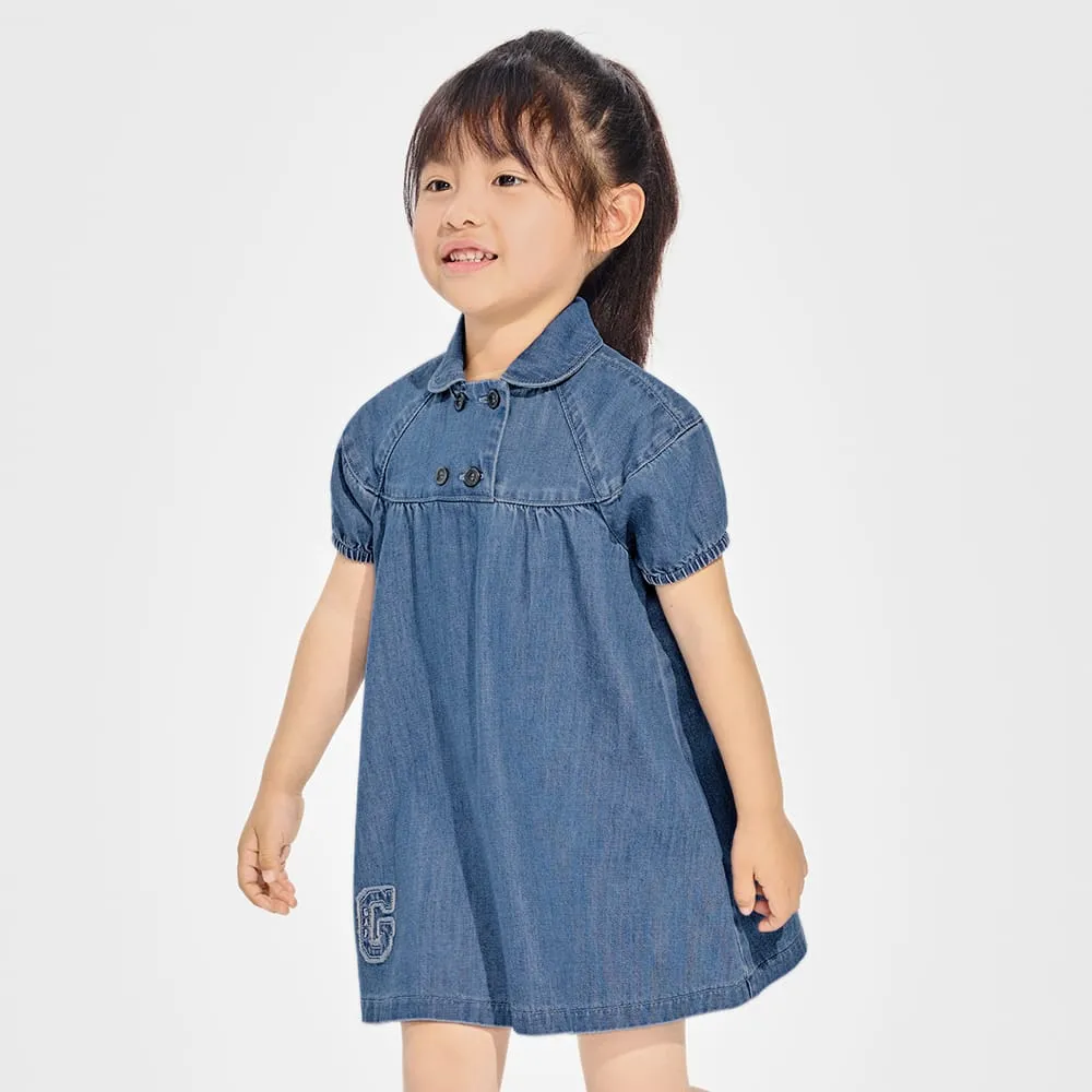 【GAP】女幼童裝 Logo翻領短袖牛仔洋裝-深藍色(890347)