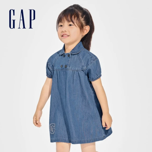 GAP 女幼童裝 Logo翻領短袖牛仔洋裝-深藍色(8903