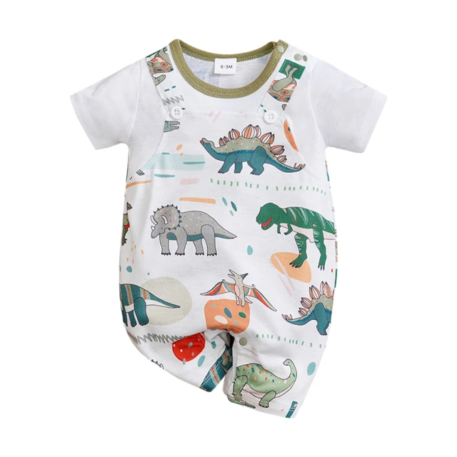 JoyNa 短袖包屁衣 短袖寶寶連身衣 綠底恐龍 嬰兒服(造型款.春夏短袖)