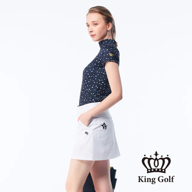【KING GOLF】速達-網路獨賣款-女款滿版星星印花線條撞色印圖涼感小立領上衣/高爾夫球衫(丈青)