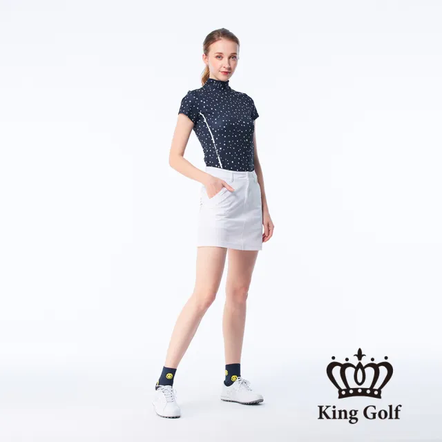 【KING GOLF】速達-網路獨賣款-女款滿版星星印花線條撞色印圖涼感小立領上衣/高爾夫球衫(丈青)