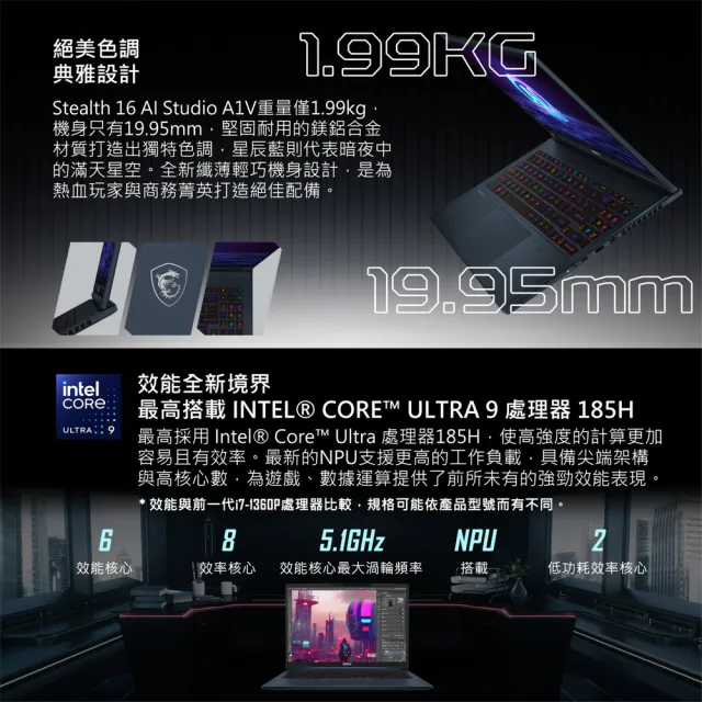 【MSI 微星】16吋Ultra9-185H GeForce RTX4070-8G AI筆電(Stealth 16 AI Studio/32G/2TB SSD/W11P/003TW)