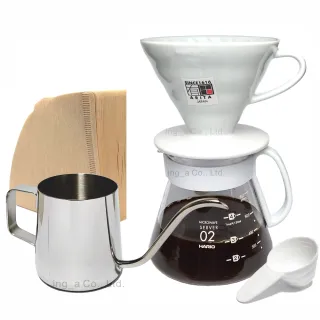 【HARIO】V60白色02陶瓷濾杯咖啡壺禮盒組+Inga 咖啡 不鏽鋼細口壺