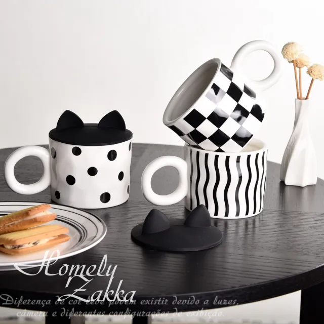 【Homely Zakka】北歐創意黑白大耳朵陶瓷馬克杯附矽膠貓耳朵杯蓋400ml_3款任選(早餐杯 飲料杯 甜品杯)