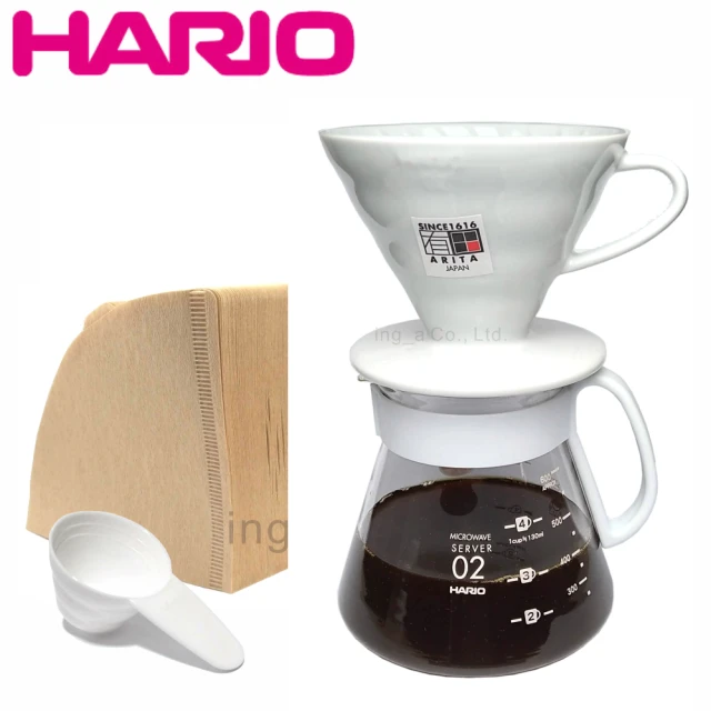 HARIO V60白色02陶瓷濾杯咖啡壺組(4杯份禮盒組)