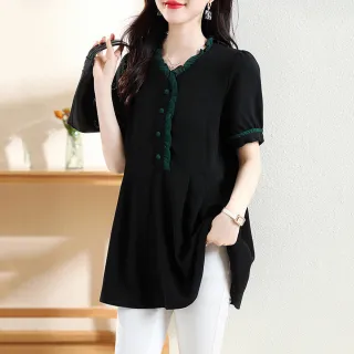【ALLK 歐楷】新品 長版拼接雪紡衫上衣 黑色(尺寸L-XXL/中大尺碼/涼爽/透氣)