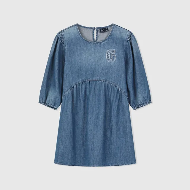 【GAP】女童裝 Logo圓領八分袖牛仔洋裝-深藍色(890490)