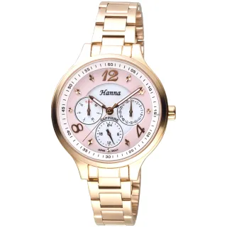 【HANNA】漢娜腕錶 漂亮寶貝三眼全月曆IP金女錶-淡粉/6968KL-VX3J-1(保固二年)