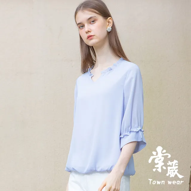 【TOWN’WEAR 棠葳】素雅細格紋開襟七分袖上衣 2色(女上衣/女上著/透膚/素色/鑽飾)