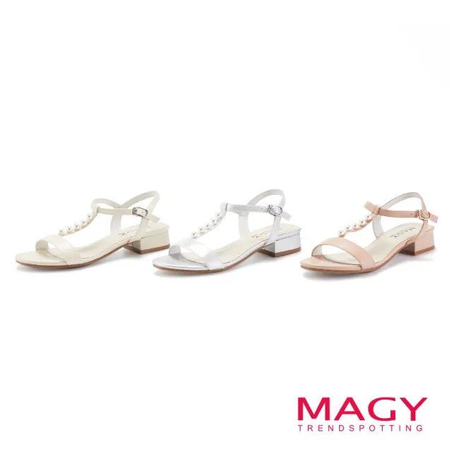 【MAGY】T字珍珠羊皮低跟涼鞋(米白)