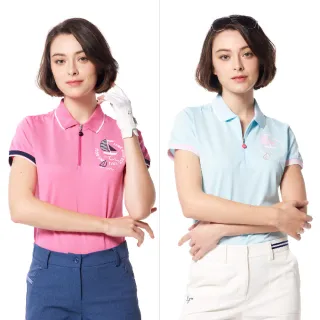 【Lynx Golf】女款吸排抗UV機能材質精美電腦領袖口剪接羅紋造型帆船繡花短袖立領POLO衫/高爾夫球衫(二色)