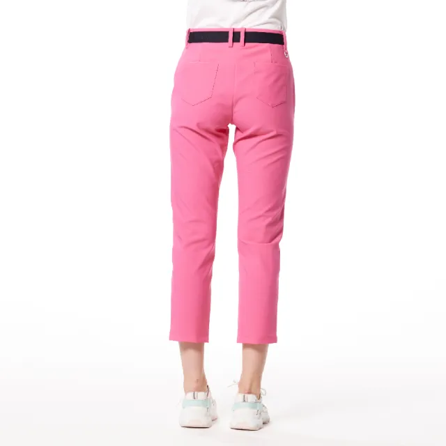 【Lynx Golf】女款彈性舒適貼袋造型後腰LOGO針織帶剪接設計隱形拉鍊口袋窄管九分褲(二色)