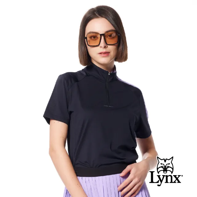 【Lynx Golf】首爾高桿風格！女款銀離子抗菌除臭左肩剪接造型山貓膠標短袖立領POLO衫/高爾夫球衫(二色)