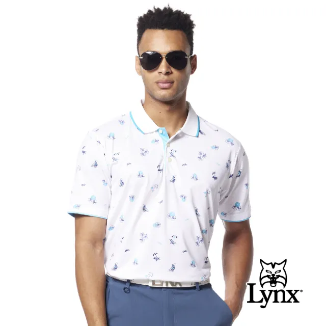 【Lynx Golf】男款吸溼排汗機能織紋布材質滿版熱帶風情印花配色條領短袖POLO衫/高爾夫球衫(二色)