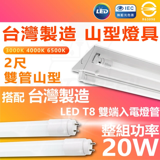 【台灣CNS認證 台灣製造】6入 LED山型燈具 雙管 2尺 LED 燈管 雙端入電(白光/中性光/黃光)