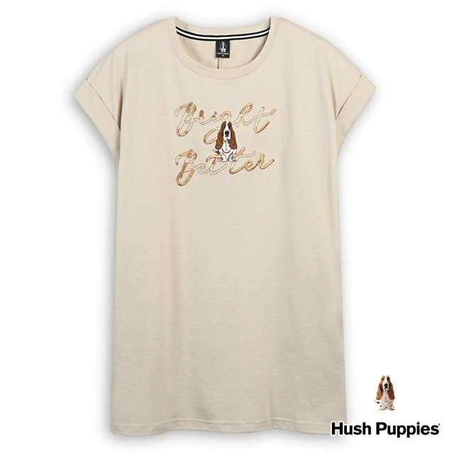 Hush Puppies 女裝 上衣 雙色質感英刺繡狗長版上衣(淺卡其 / 43210101)