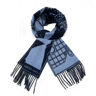 【Hermes 愛馬仕】H394800T 01 經典羊毛Camails Jacquard雙面編織流蘇圍巾(藍色)