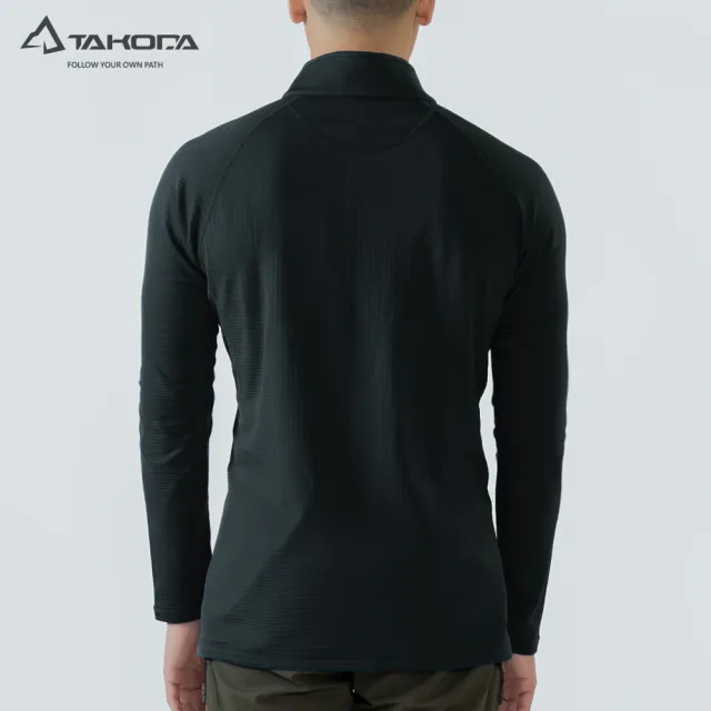 【TAKODA】Maka 環保方格刷毛拉鍊保暖衣 男款 黑色(高效蓄熱/吸濕排汗/抗菌吸臭)