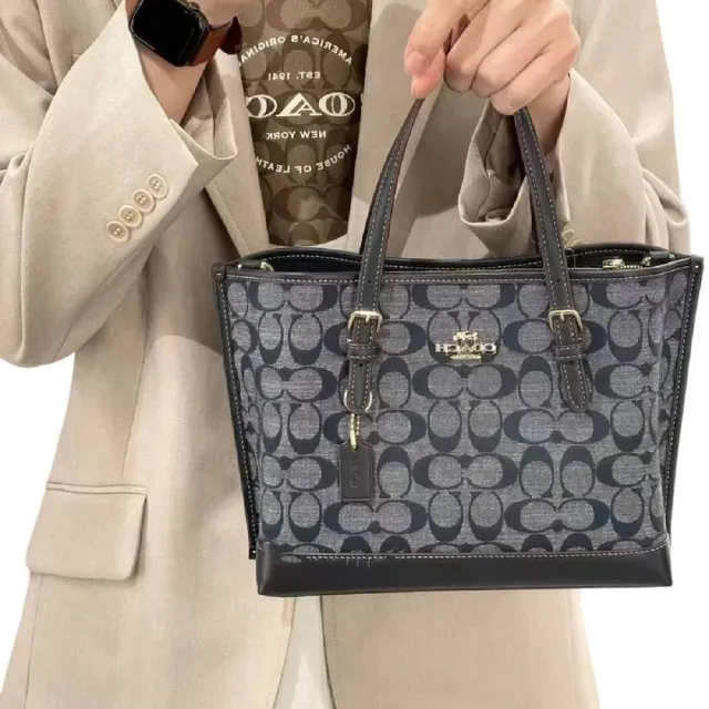 COACH】coach 緹花香布蕾tote25 深藍色手提肩背兩用托特包贈原廠防塵袋