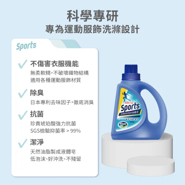 【南僑水晶】Sports抗菌除臭洗衣液體皂洗衣精瓶裝1000gX1瓶(機能衣/運動衣/天然/珍貴琥珀酸強力抗菌)