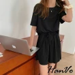 【HanVo】現貨 高質感色系涼感套裝(舒適透氣輕薄冰絲家居服 運動套裝 成套套裝 睡衣 女生衣著 5916)