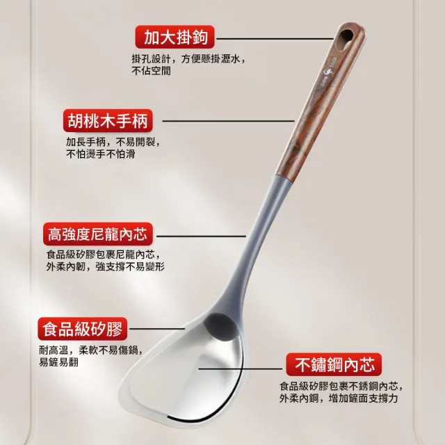 【媽媽咪呀】頂級核桃木柄耐熱矽膠鍋鏟 不沾鍋鏟(輕巧省力不傷鍋)